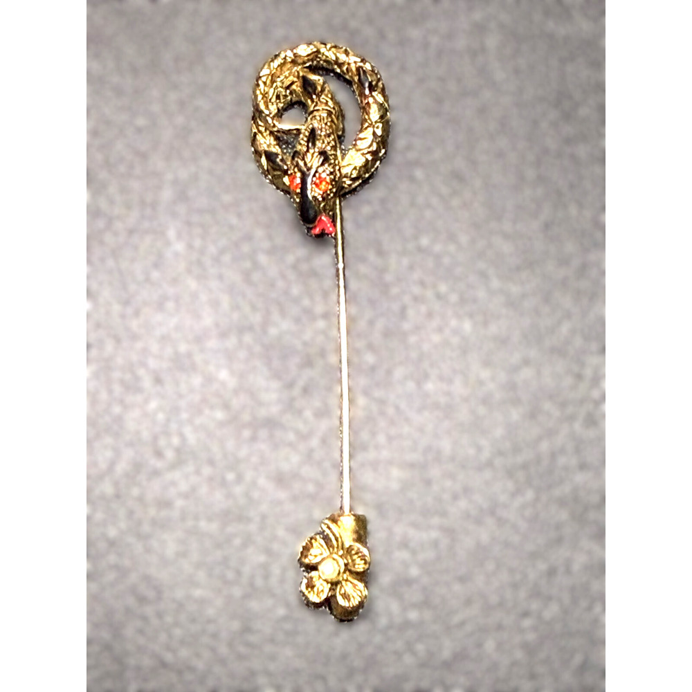 Vintage Signed ART Gold Tone Rhinestone Snake Serpent Brooch Hat Pin Cabochon - Picture 1 of 8